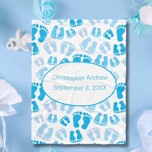 Manta Polar Nacimiento Estadísticas Azul y Blanco Pies Bebé (Blue Baby Feet Birth Stats Personalized Baby Blanket for Baby Boy. Baby Shower Gift, Gift new baby)