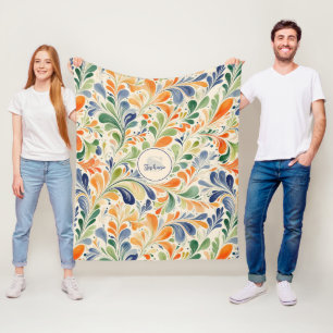 Manta Polar Naranja Azul Verde Floral Paisley Vintage