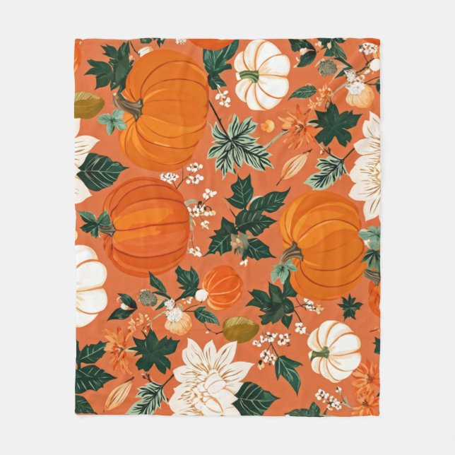 Manta Polar Naranja Boho Calabaza Patrón floral otoñal (Anverso)