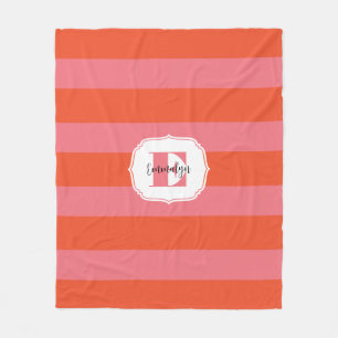 Manta Polar Naranja brillante y monograma rosado rayados