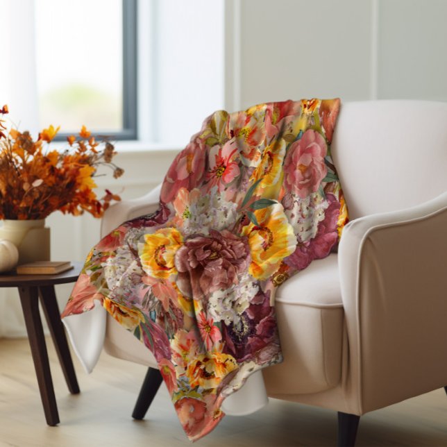 Manta Polar Naranja Burgundy otoño otoño acuarela floral (Orange and rust autumn floral fleece blanket)