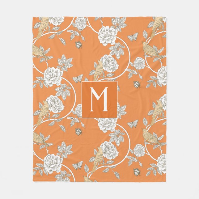 Manta Polar Naranja Chinoiserie Floral Monograma (Anverso)