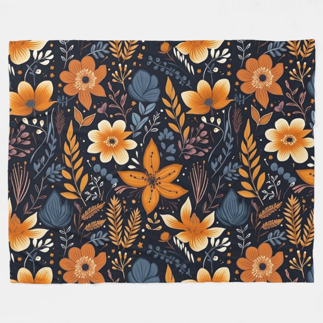 Manta Polar Naranja Floral Boho otoño otoño negro (Frente (Horizontal))