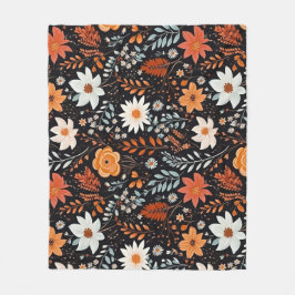 Manta Polar Naranja Flores blancas negras