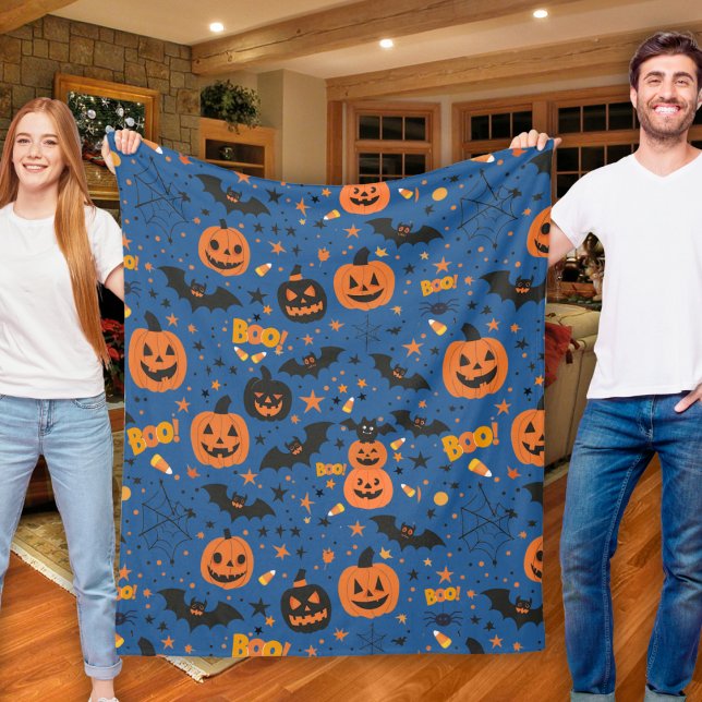 Manta Polar Naranja Negro Y Halloween Azul, Acogedor Y Acogedo (Cute And Cozy Black Orange And Blue Halloween Fleece Blanket)