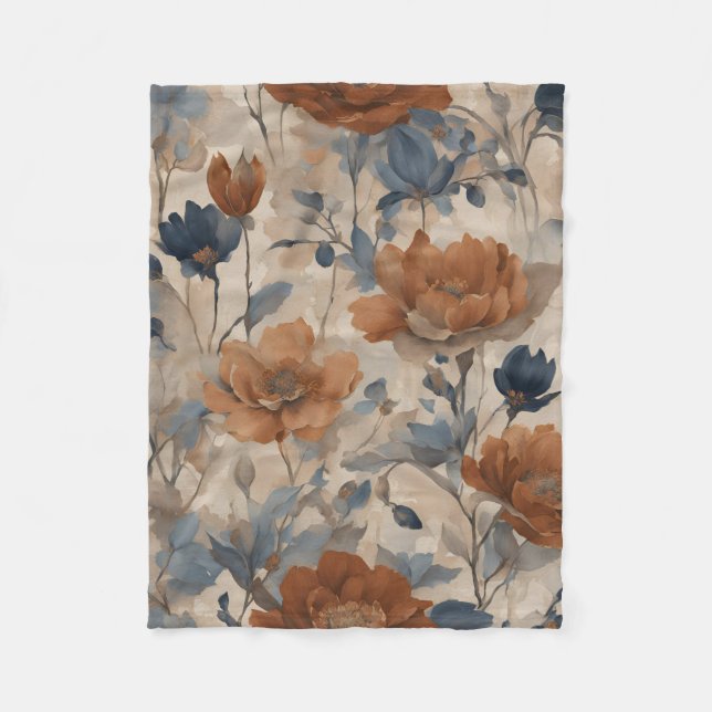 Manta Polar Naranja Quemado Beige Dusty Navy Floral Azul (Anverso)