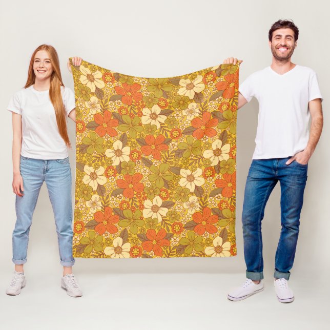 Manta Polar Naranja retro 60/70 y floral verde oliva (In situ)