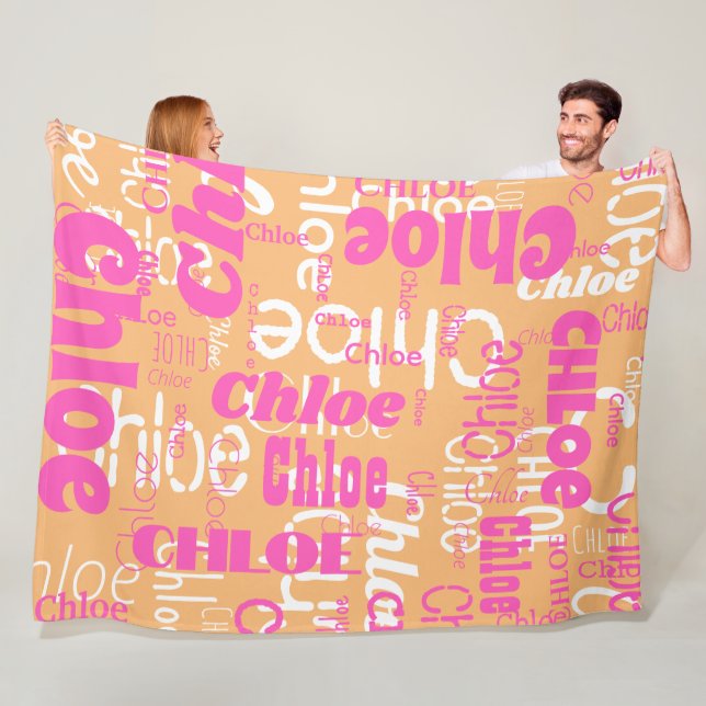 Manta Polar Naranja Retro Hot Pink Custom Name Pattern Moderno (In situ)