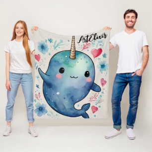 Manta Polar Narwhal Watercolor Heart Floral Print