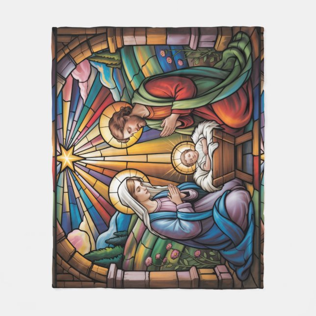 Manta Polar Nativity Stained Glass Art – Holy Family Christmas (Anverso)