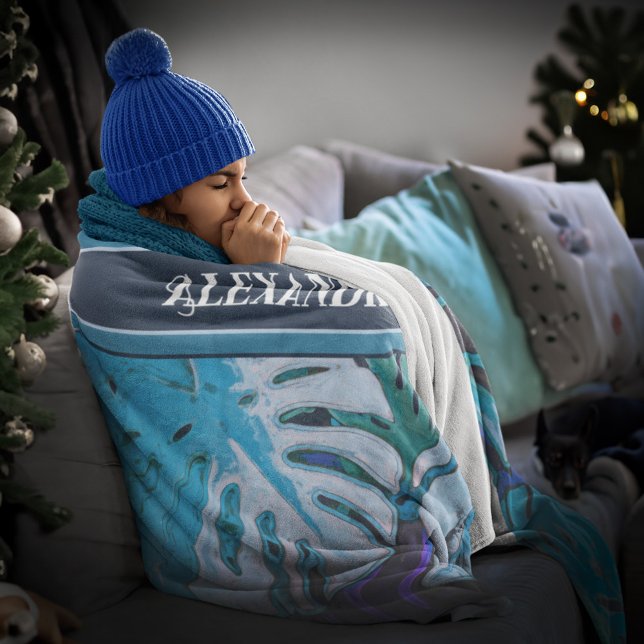 Manta Polar Naturaleza Patrón de hoja azul tropical Personaliz (Nature Tropical Blue Leaf Pattern Modern Custom Fleece Blanket is wonderful to keep you warm.)