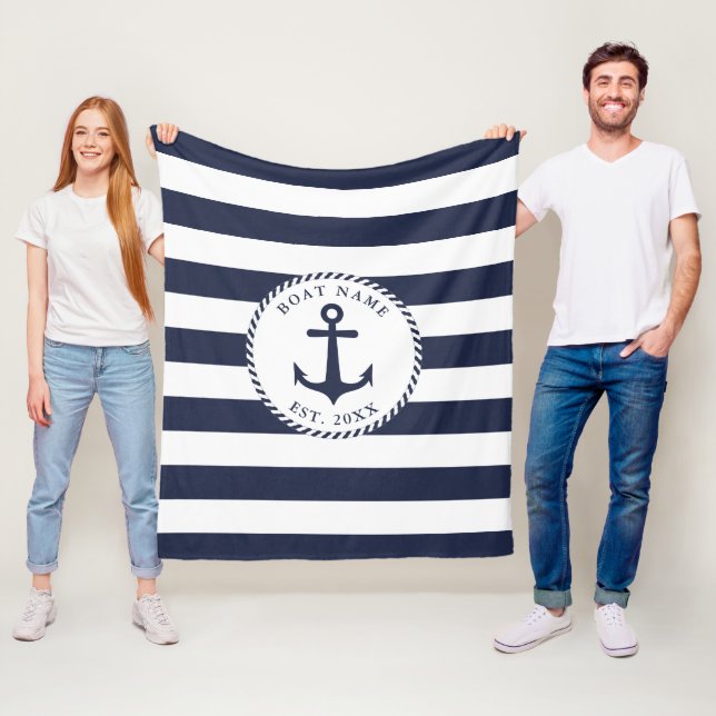 Manta Polar Nautical Anchor Navy Blue White Stripes Nombre de  (In situ)