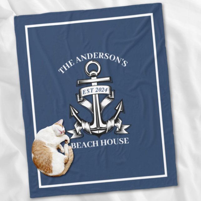 Manta Polar Nautical Beach House Nombre Familia Est Barco Ancl (Nautical Beach House Family Name Est Ship Anchor Fleece Blanket)