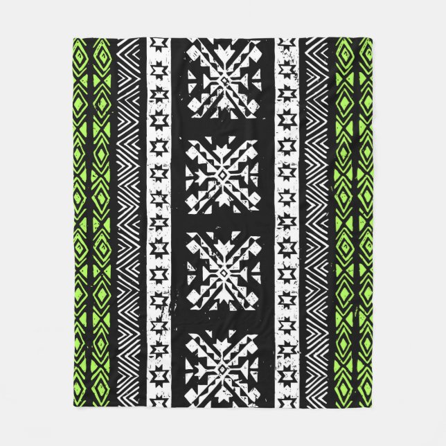 Manta Polar Navajo tribal, patrón verde blanco negro. (Anverso)