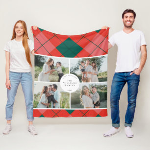 Manta Polar Navidad con Foto Familiar de Cuadro Escocés Rojo y