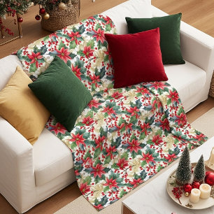 Manta Polar Navidad con patrón de poinsettia y acebo en acuare