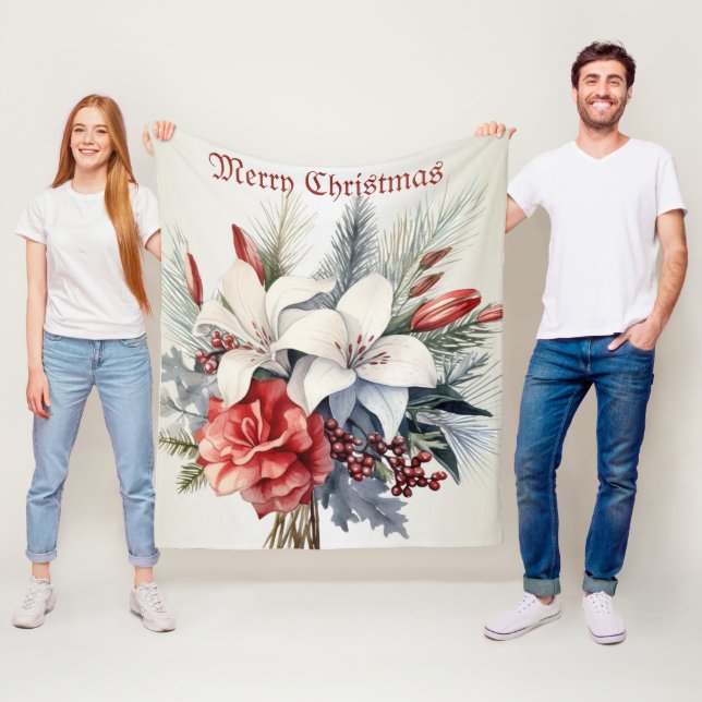 Manta Polar Navidad Flores Blancas Rojas Elegantes (In situ)
