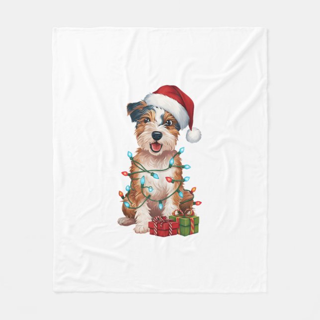 Manta Polar Navidad iluminando Santa Hat Australian Terrier Do (Anverso)