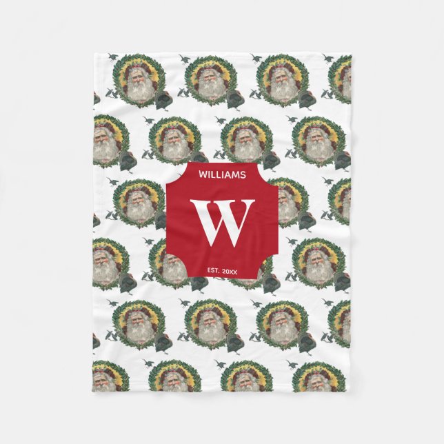 Manta Polar Navidad vintage Santa Claus Turkeys Monogramado (Anverso)