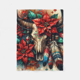 Manta Polar Navidades Cow Bull Skull Poinsettias Feathers