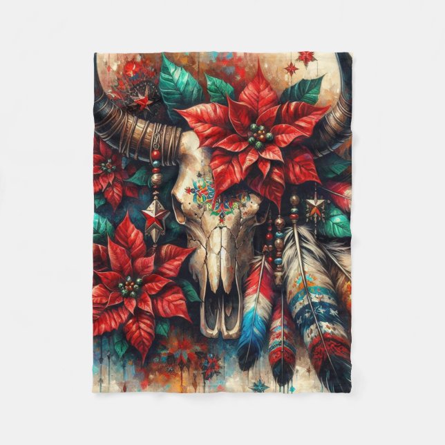 Manta Polar Navidades Cow Bull Skull Poinsettias Feathers (Anverso)