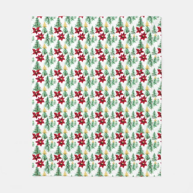 Manta Polar Navidades cubiertos de árboles y poinsettia roja (Anverso)