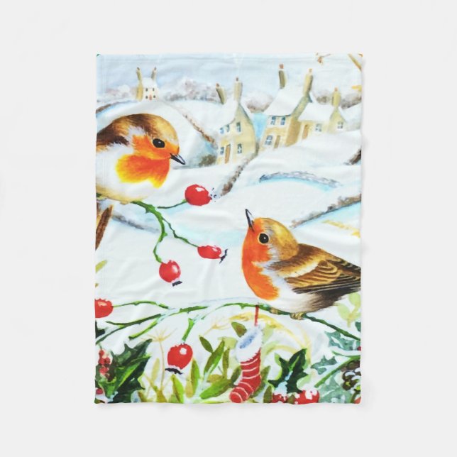 Manta Polar Navidades de Bird Robin Couple Winter Holly (Anverso)