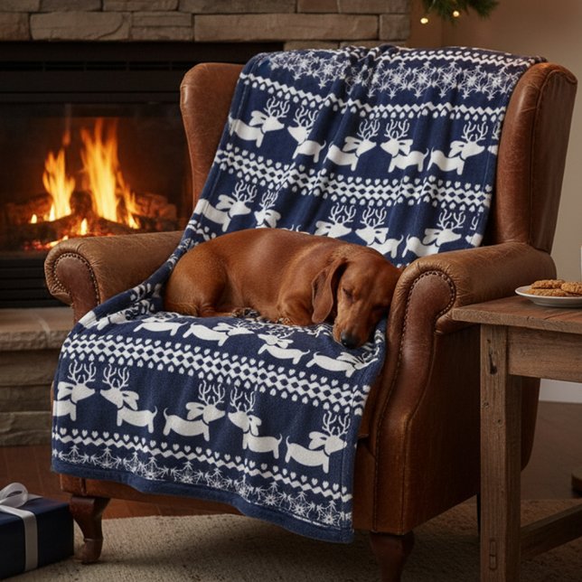 Manta Polar Navidades de Dachshund Fair Isle Dog Blanket (Blue reindeer dachshund fair  isle sweater design for Christmas festivities and snugging. )