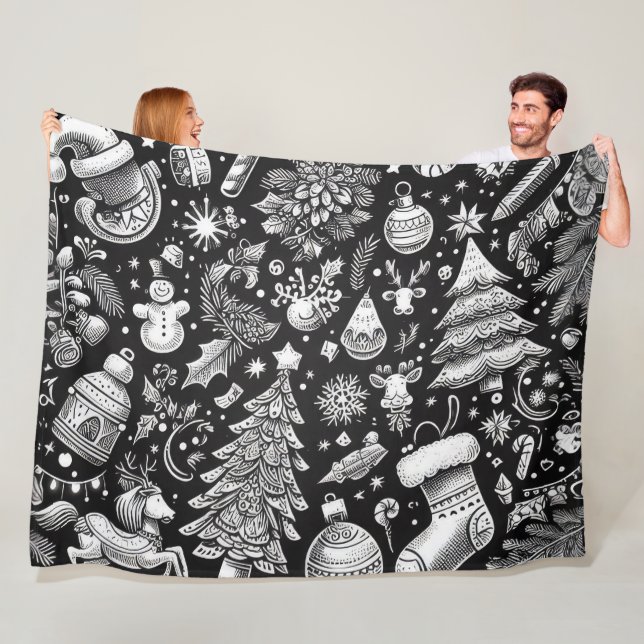 Manta Polar Navidades de dibujo de bollo blanco negro Motif Ho (In situ)