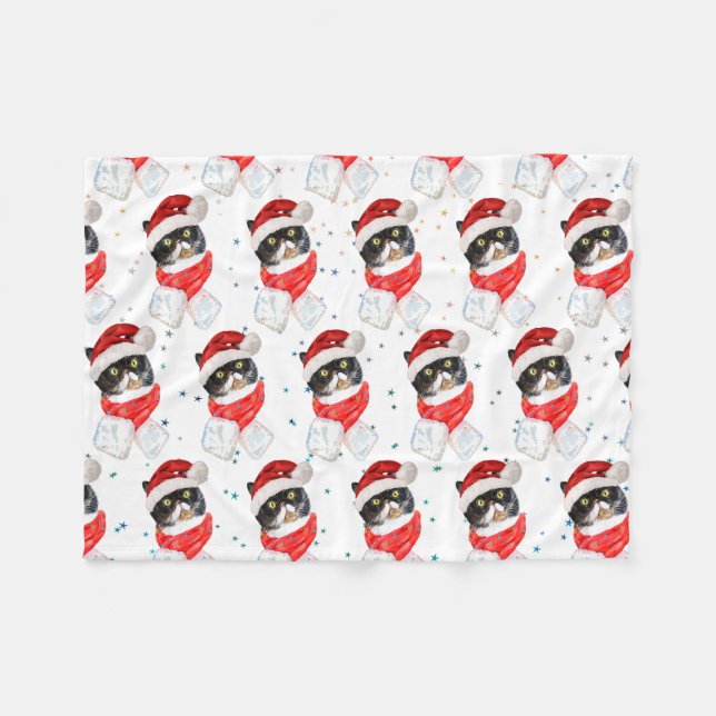 Manta Polar Navidades de gato tricolores acuarela con bufanda (Frente (Horizontal))