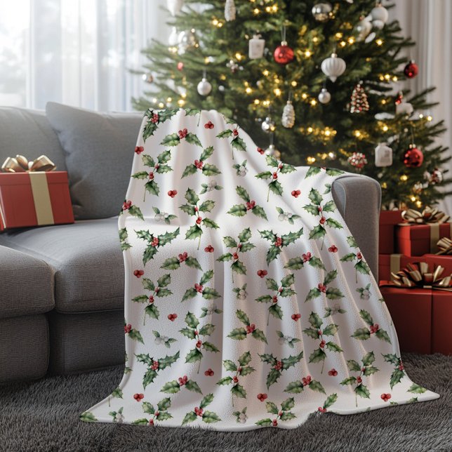 Manta Polar Navidades de Holly Monogrammed (Holly Berry Christmas Holiday Blanket)