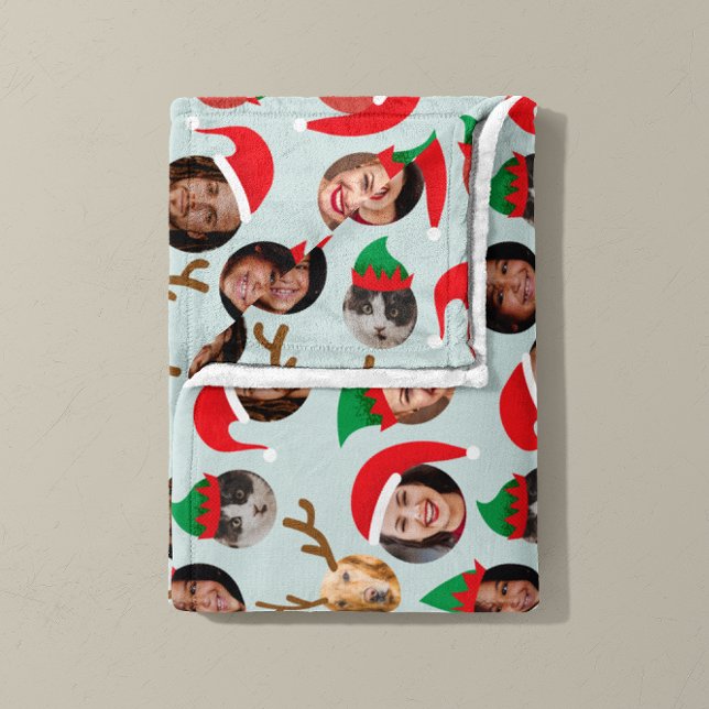 Manta Polar Navidades de Ice Blue Silly Crean Seis Fotos (Christmas Crew six photo fleece blanket with classic red and green hat on ice blue background)