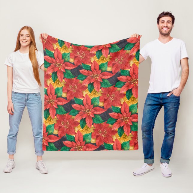 Manta Polar Navidades de Poinsettias Rojas y Oro (In situ)