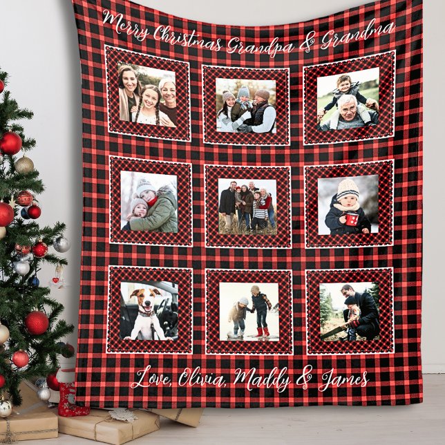 Manta Polar Navidades de Red Plaid de Collage de fotos Familia (Red Buffalo Plaid Family Photo Blanket)