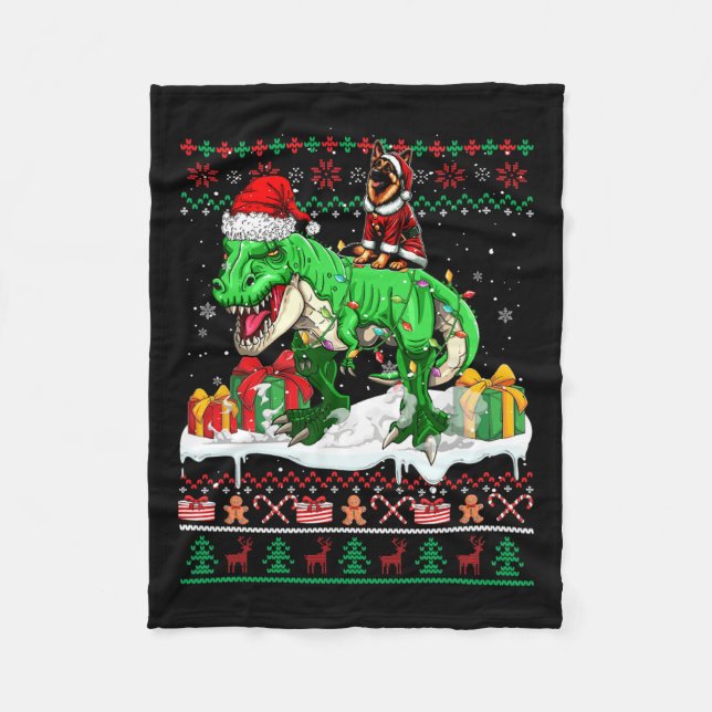 Manta Polar Navidades de Santa German Shepherd Riding T-rex Sw (Anverso)