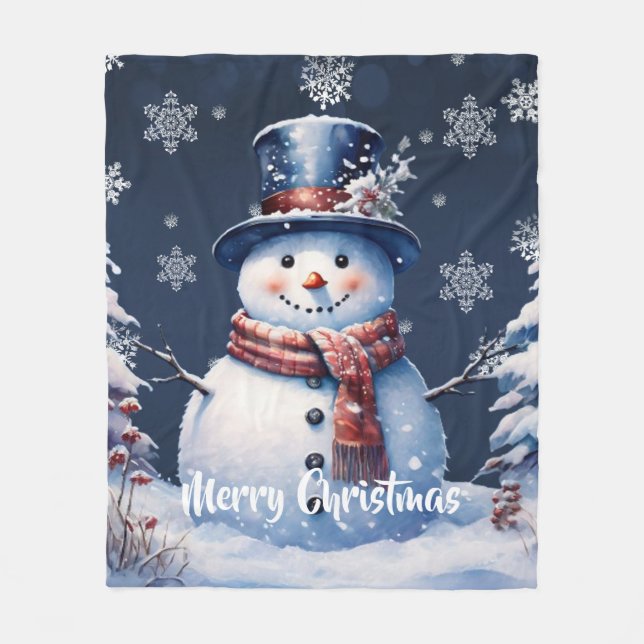 Manta Polar Navidades de Winter Forest Snowman | Azul (Anverso)