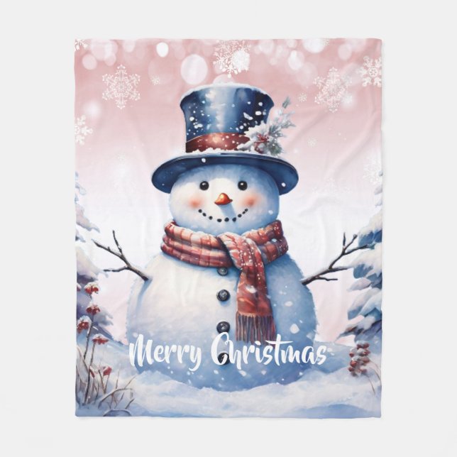 Manta Polar Navidades de Winter Forest Snowman | Rosa (Anverso)