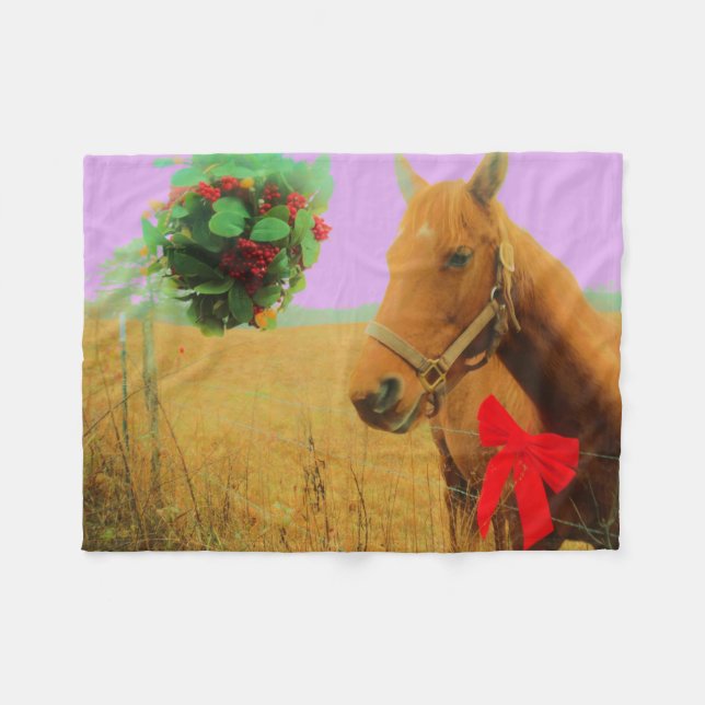 Manta Polar Navidades del cielo rosa retro Caballo (Frente (Horizontal))