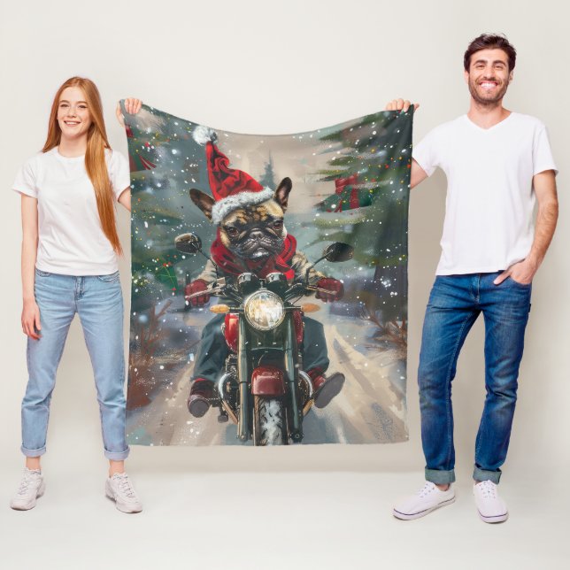 Manta Polar Navidades en motocicleta de Bulldog francés (In situ)