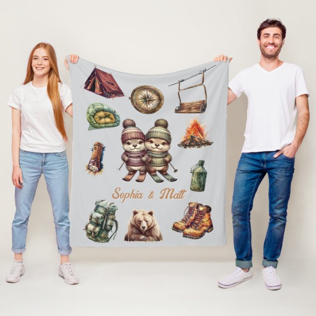 Manta Polar Navidades Esquiando Pareja de Otter Animal Gris al (In situ)