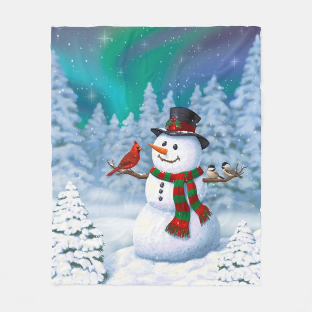 Manta Polar Navidades felices Snowman y Birds Winter Scene (Anverso)