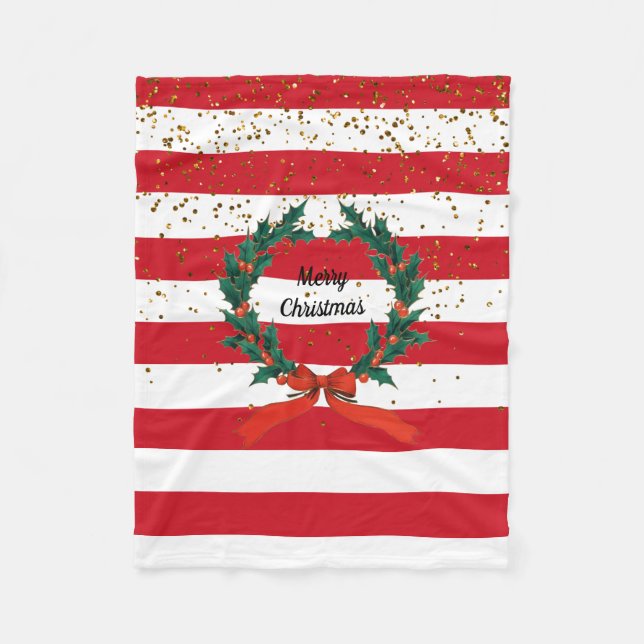 Manta Polar Navidades Festividad Holly Berries Wreath Stripes (Anverso)