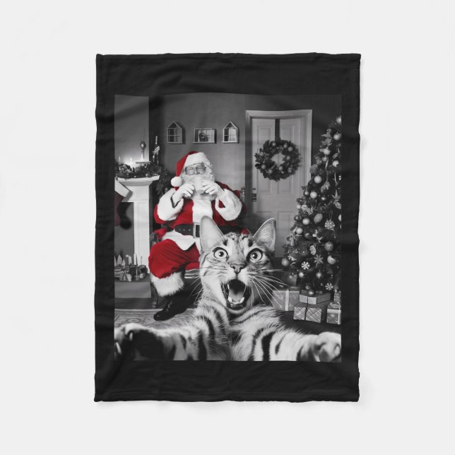 Manta Polar Navidades Graciosos Selfie De Gato Con Santa Claus (Anverso)