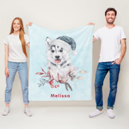 Manta Polar Navidades Husky Dog en Santa Hat