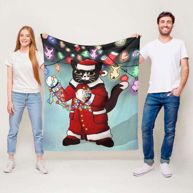 Manta Polar Navidades Luces Típico Tuxedo Cat (In situ)
