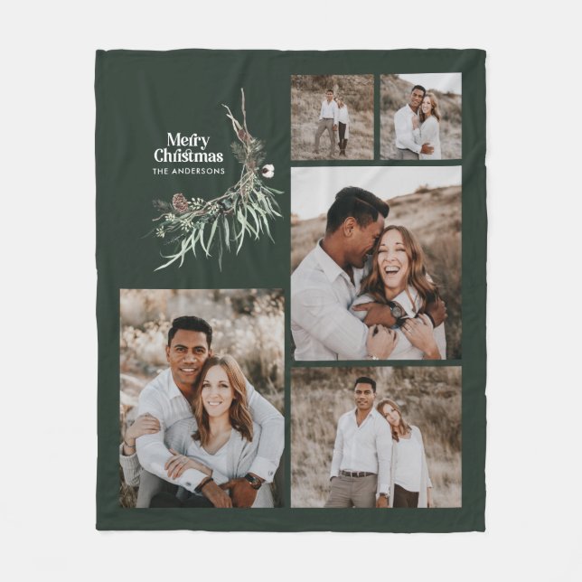 Manta Polar Navidades multifoto botánico verde oscuro rústico (Anverso)