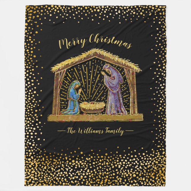 Manta Polar Navidades Natividad Manger Gold Black Family Nombr (Anverso)