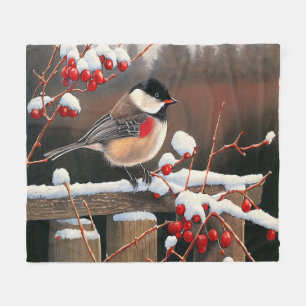 Manta Polar Navidades Nieve Black Cap Chickadee Berries Rojas