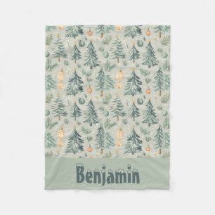 Manta Polar Navidades Nieve y árboles musgo verde con nombre