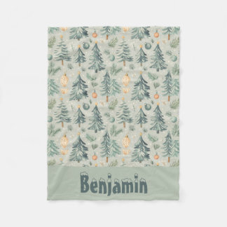 Manta Polar Navidades Nieve y árboles musgo verde con nombre